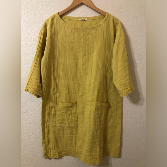Eileen Fisher Organic Cotton Boat Neck Tunic Gauze Dress in Yellow - Size SP